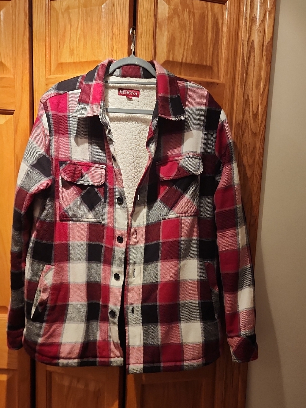 Merona Red, Black & White Plaid Sherpa-Lined Jacket